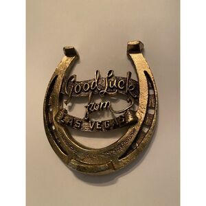 Vintage Good Luck From Las Vegas Brass Horseshoe Souvenir Paperweight Heavy Viva
